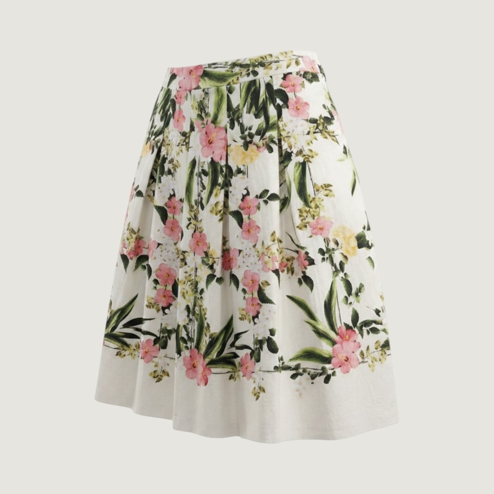 Talbots Petites Floral Piqué A-Line Skirt 6P White Pink Hibiscus Pleated Knee